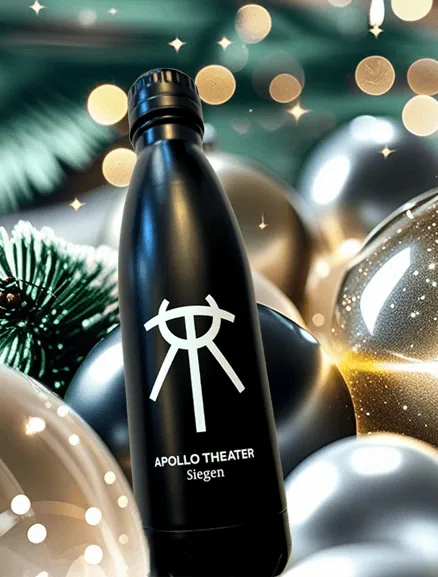 Schwarze Trinkflasche mit weißem Apollo-Logo in weihnachtlicher Dekoration mit glänzenden Christbaumkugeln und Tannenzweigen